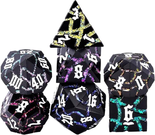 Maywin Cracked Rune Metal Dice Set for DND RPG Dark Fantasy Fractured Design Premium Heavy Metal Polyhedral Dice with Deep Engraved Numbers 7Piece Set Arcane Spectrum Vein - Image 1