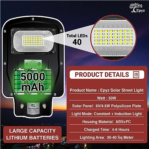 Epyz Solar Street Light Outdoor Waterproof 50 Watt LED Wireless Motion Sensor Lamp with Pole for Home, Garden, Wall, Pathway, Dusk to Dawn [ with Out Pole, Pack of 1, Cold White ] - Image 5