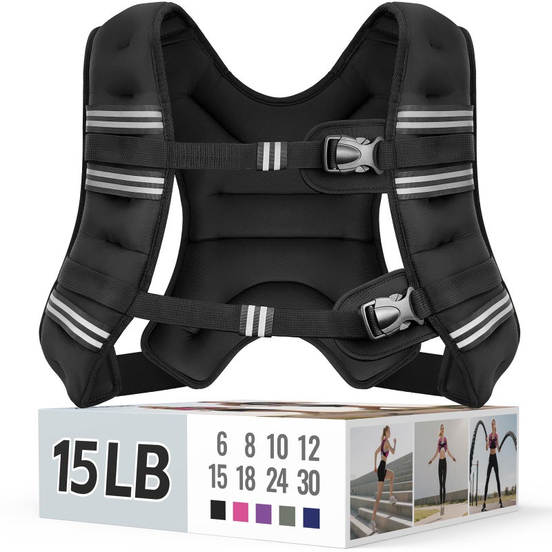 Zeerun Weighted Vest for Women & Men with Reflective Stripe and Adjustable Buckle, Comfortable & Durable Rucking Vest for Walking, Running & Strength Training, 15LBS-Black - Image 1
