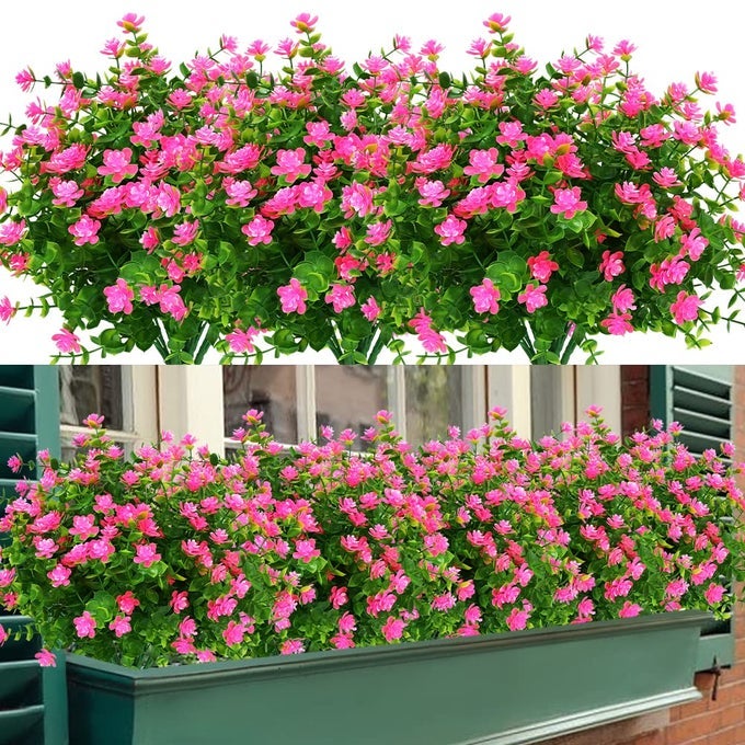 8 BUNDLES OUTDOOR ARTIFICIAL FAKE FLOWERS NO FADE UV RESISTANT FAUX PLASTIC PLANTS FOR HANGING PLANTER PATIO YARD WEDDING INDOOR HOME KITCHEN FARMHOUSE DCOR PINK