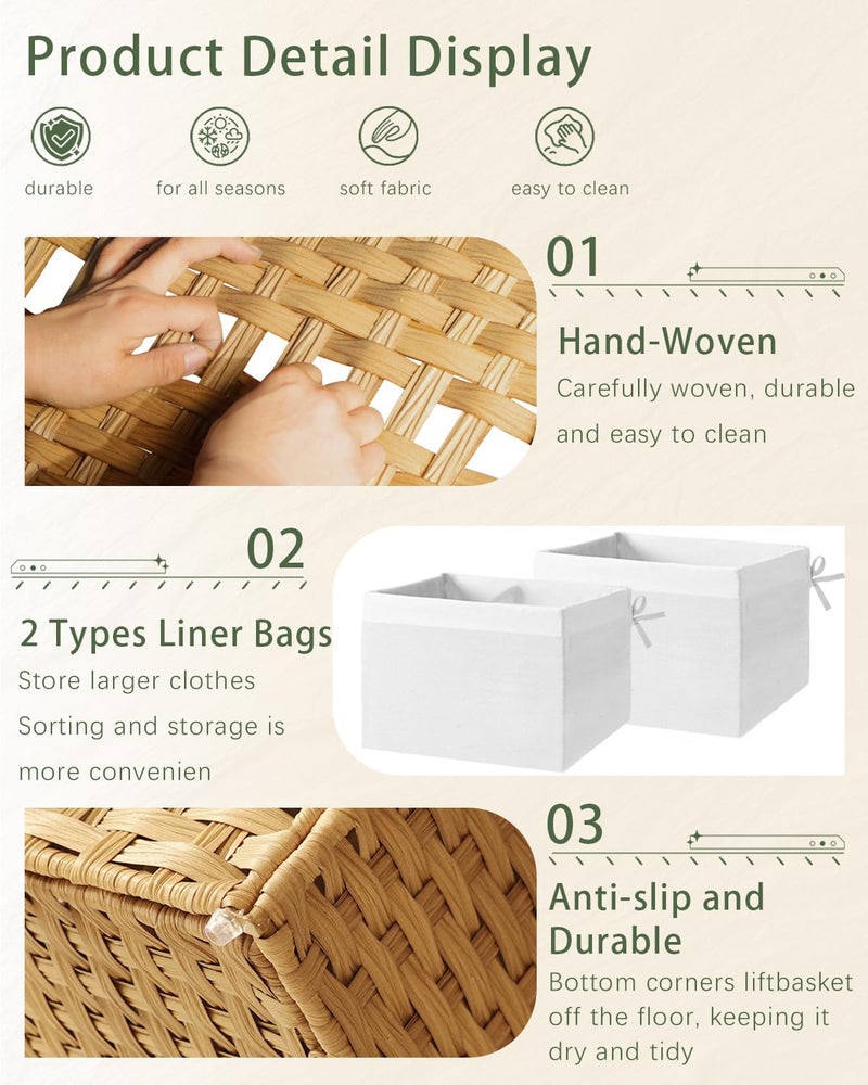 SETVSON Storage Basket with Lid Rattan Storage Basket with 2 Separate Lid, 27.8 Gallon (105 L) 25.2 * 15.4 * 16.1 Inches Woven Wicker Baskets with 2 Liners and Handles for Bedroom Laundry-Natural - Image 3