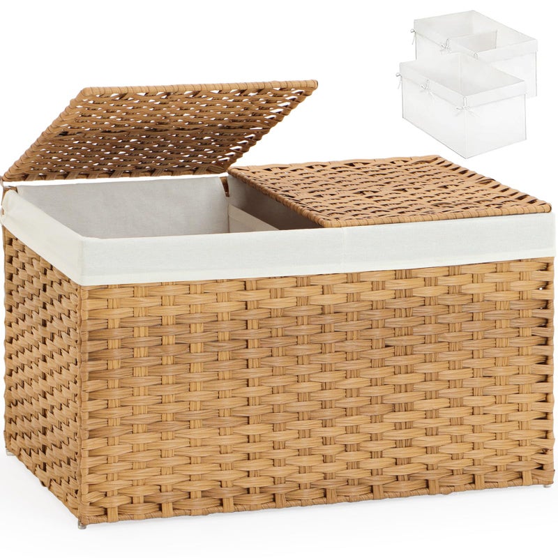 SETVSON Storage Basket with Lid Rattan Storage Basket with 2 Separate Lid, 27.8 Gallon (105 L) 25.2 * 15.4 * 16.1 Inches Woven Wicker Baskets with 2 Liners and Handles for Bedroom Laundry-Natural - Image 1