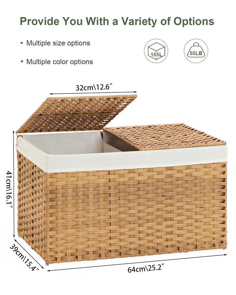 SETVSON Storage Basket with Lid Rattan Storage Basket with 2 Separate Lid, 27.8 Gallon (105 L) 25.2 * 15.4 * 16.1 Inches Woven Wicker Baskets with 2 Liners and Handles for Bedroom Laundry-Natural - Image 4