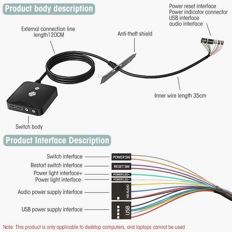 Verilux ® Desktop Computer Switch Power Supply on/Off Press Button Switch with Reboot Button, 2 USB Port and 3.5mm Audio Jacks 1.6m Cable PC Computer Host Modification Switch Power - Image 3