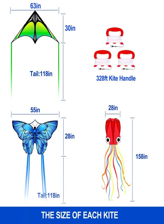 Flying Hoofer 3 Pack Kite Set for Kids & Adults, Easy to Fly Kites for Beginners, Large Butterfly Delta Octopus Kite for Beach&Park&Outdoor Activities, Perfect for Family Outing(Green&Blue&Red) - Image 3
