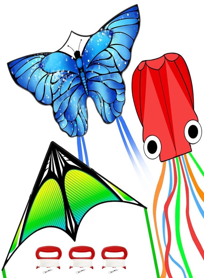 Flying Hoofer 3 Pack Kite Set for Kids & Adults, Easy to Fly Kites for Beginners, Large Butterfly Delta Octopus Kite for Beach&Park&Outdoor Activities, Perfect for Family Outing(Green&Blue&Red) - Image 1