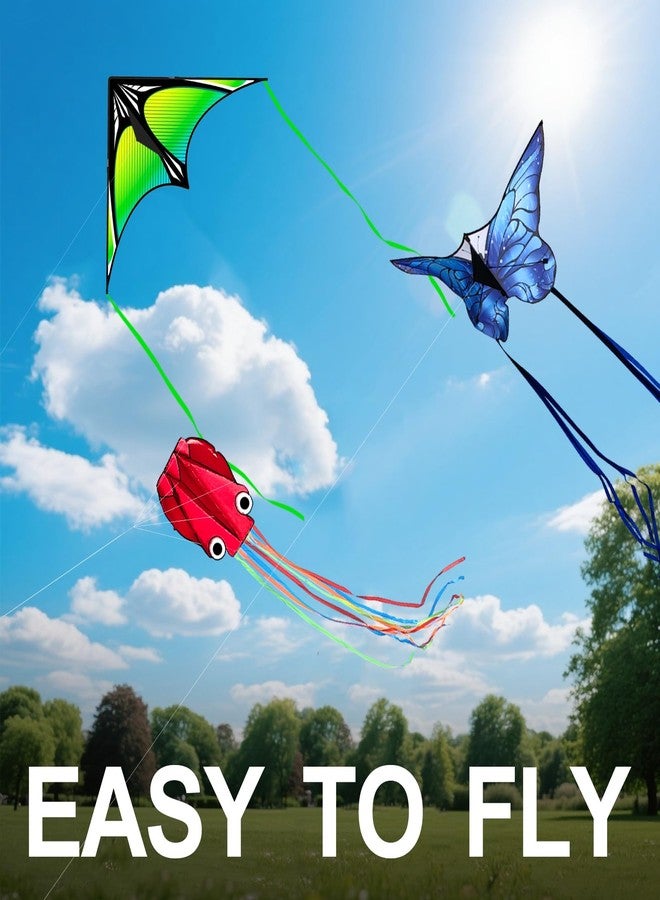 Flying Hoofer 3 Pack Kite Set for Kids & Adults, Easy to Fly Kites for Beginners, Large Butterfly Delta Octopus Kite for Beach&Park&Outdoor Activities, Perfect for Family Outing(Green&Blue&Red) - Image 2