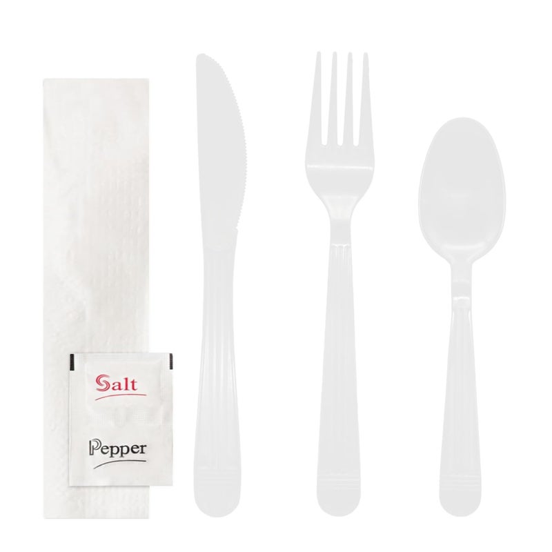 Party Essentials Individually Wrapped Plastic Cutlery Packets/Heavy Duty Silverware Kits  Fork/Spoon/Knife/Napkin/Salt/Pepper  50 Utensils Sets  White - Image 1