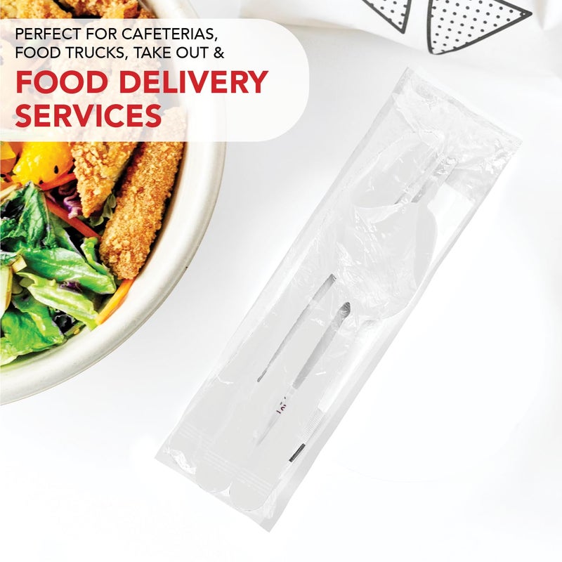Party Essentials Individually Wrapped Plastic Cutlery Packets/Heavy Duty Silverware Kits  Fork/Spoon/Knife/Napkin/Salt/Pepper  50 Utensils Sets  White - Image 5