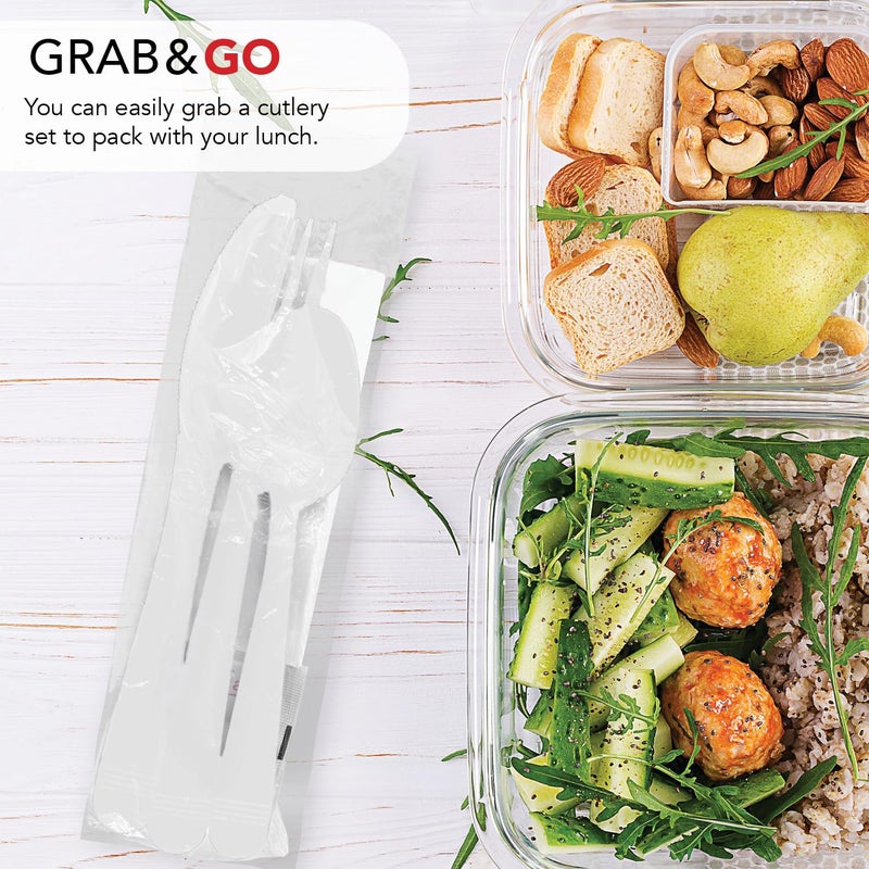 Party Essentials Individually Wrapped Plastic Cutlery Packets/Heavy Duty Silverware Kits  Fork/Spoon/Knife/Napkin/Salt/Pepper  50 Utensils Sets  White - Image 4