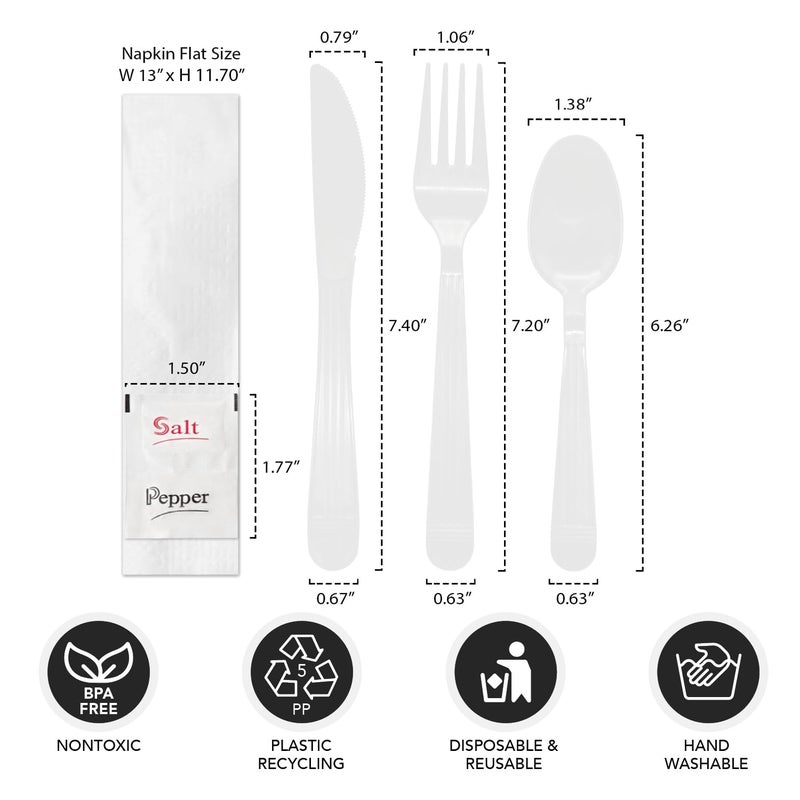 Party Essentials Individually Wrapped Plastic Cutlery Packets/Heavy Duty Silverware Kits  Fork/Spoon/Knife/Napkin/Salt/Pepper  50 Utensils Sets  White - Image 2