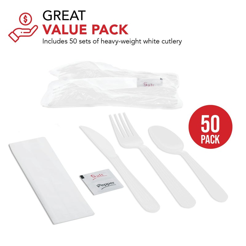Party Essentials Individually Wrapped Plastic Cutlery Packets/Heavy Duty Silverware Kits  Fork/Spoon/Knife/Napkin/Salt/Pepper  50 Utensils Sets  White - Image 3
