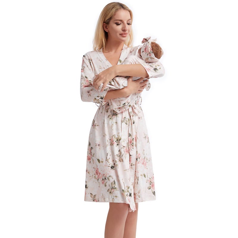 Galabloomer Maternity Robe and Baby Receiving Blanket, Matching Mommy Labor Delivery Robe and Swaddle Set Vintage rose - Image 1