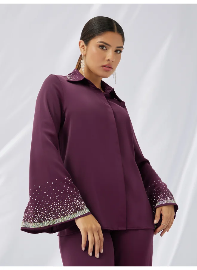 ستايلي Styli Embellished Belted Top and Straight Leg Pants Co-Ords