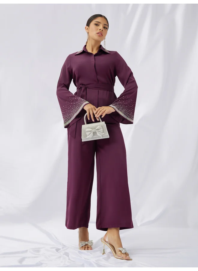 ستايلي Styli Embellished Belted Top and Straight Leg Pants Co-Ords
