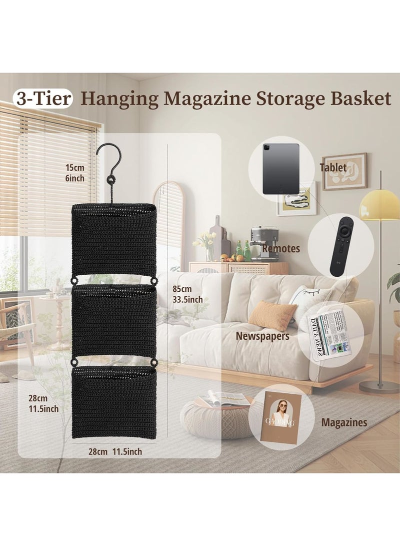 SYOSI Hanging Wall Basket, 3-Tier Storage Organizer with Hooks, Space-Saving Over the Door Wall-Mounted Decorative Basket, Boho Style for Magazines Towels and Accessories, Black - Image 3