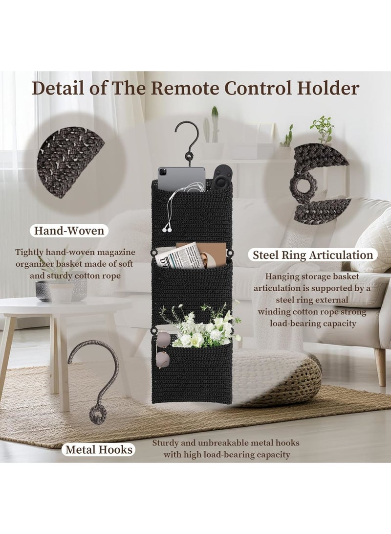 SYOSI Hanging Wall Basket, 3-Tier Storage Organizer with Hooks, Space-Saving Over the Door Wall-Mounted Decorative Basket, Boho Style for Magazines Towels and Accessories, Black - Image 4