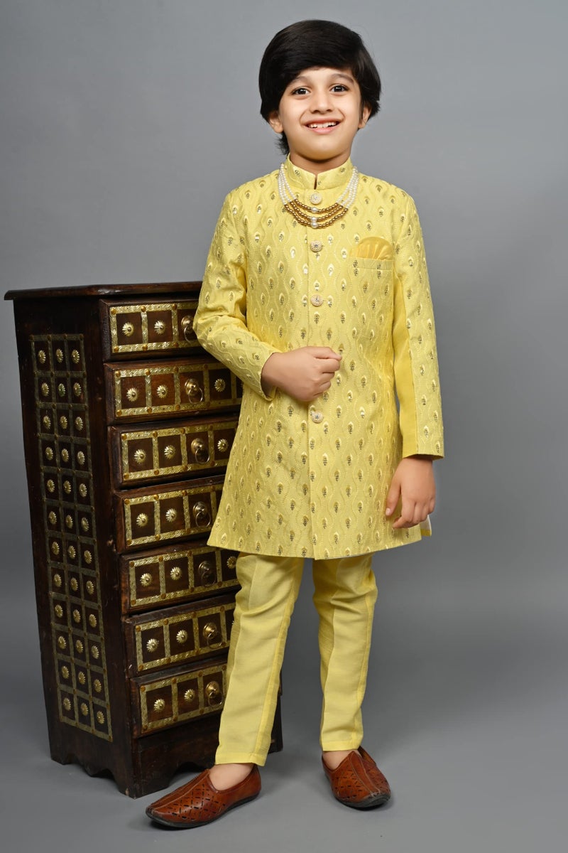 AHHAAAA Kids Ethnic Silk Blend Sequin Print Indo-Western Sherwani Suit Set For Boys 516, Yellow, 2-3 Years, Floral - Image 2