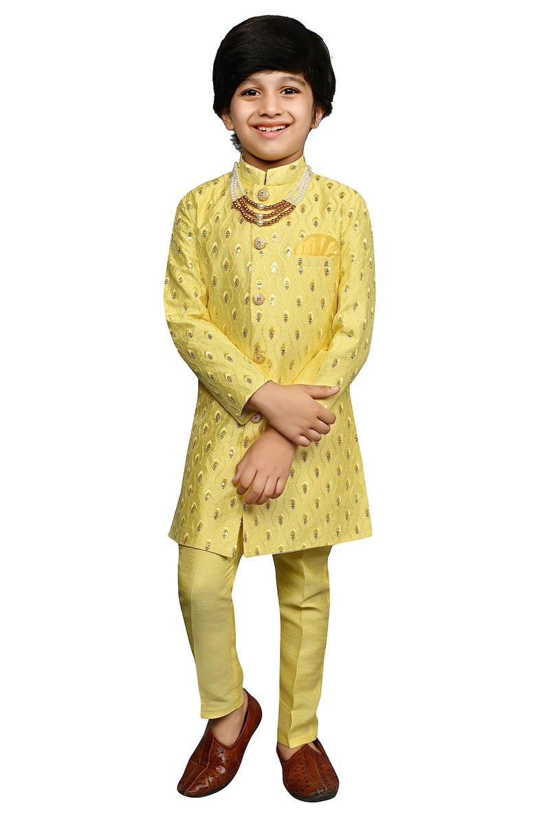 AHHAAAA Kids Ethnic Silk Blend Sequin Print Indo-Western Sherwani Suit Set For Boys 516, Yellow, 2-3 Years, Floral - Image 1