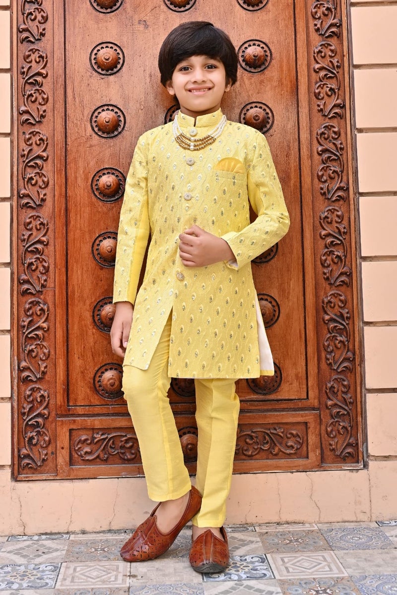 AHHAAAA Kids Ethnic Silk Blend Sequin Print Indo-Western Sherwani Suit Set For Boys 516, Yellow, 2-3 Years, Floral - Image 3