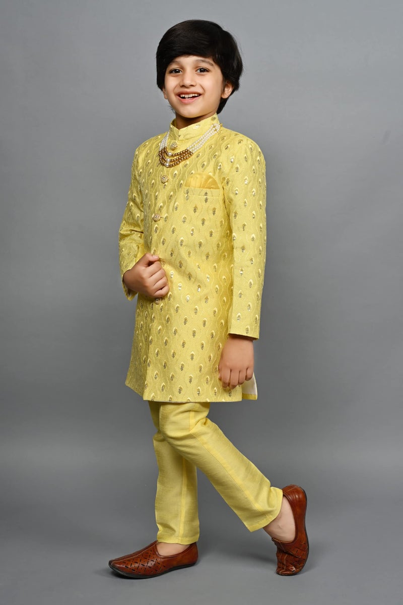 AHHAAAA Kids Ethnic Silk Blend Sequin Print Indo-Western Sherwani Suit Set For Boys 516, Yellow, 2-3 Years, Floral - Image 5