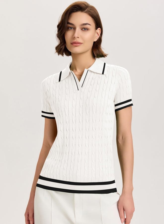Micoson Womens Short Sleeve Lightweight Sweater Tops Lapel V Neck Cable Knit Polo Shirts Summer Loose Casual Outfits 2025, White and Black Stripe, S - Image 2