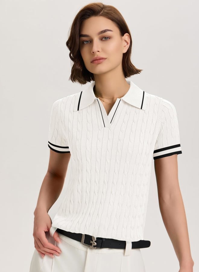 Micoson Womens Short Sleeve Lightweight Sweater Tops Lapel V Neck Cable Knit Polo Shirts Summer Loose Casual Outfits 2025, White and Black Stripe, S - Image 4