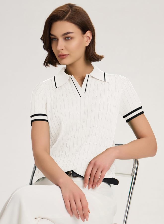 Micoson Womens Short Sleeve Lightweight Sweater Tops Lapel V Neck Cable Knit Polo Shirts Summer Loose Casual Outfits 2025, White and Black Stripe, S - Image 5