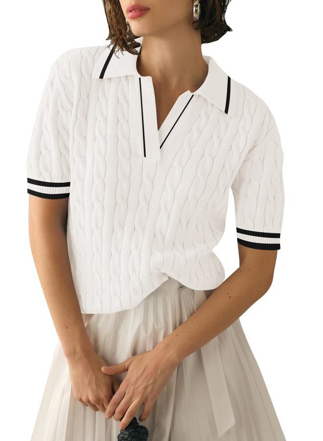 Micoson Womens Short Sleeve Lightweight Sweater Tops Lapel V Neck Cable Knit Polo Shirts Summer Loose Casual Outfits 2025, White and Black Stripe, S - Image 1