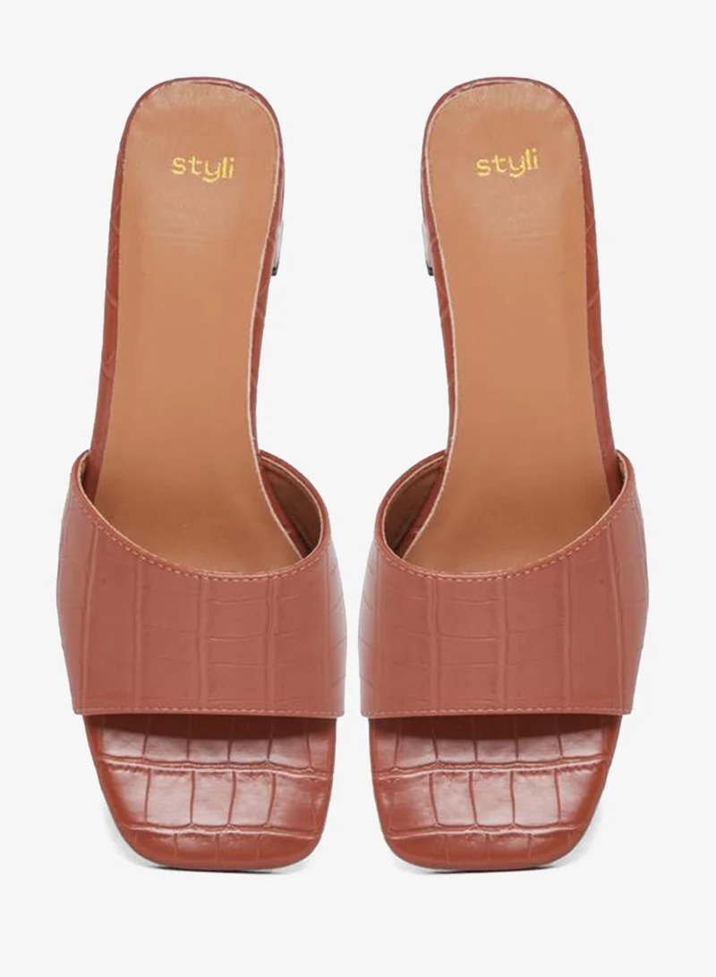 Styli Brown Textured Block Heel Sandals for Women | Best Price UAE