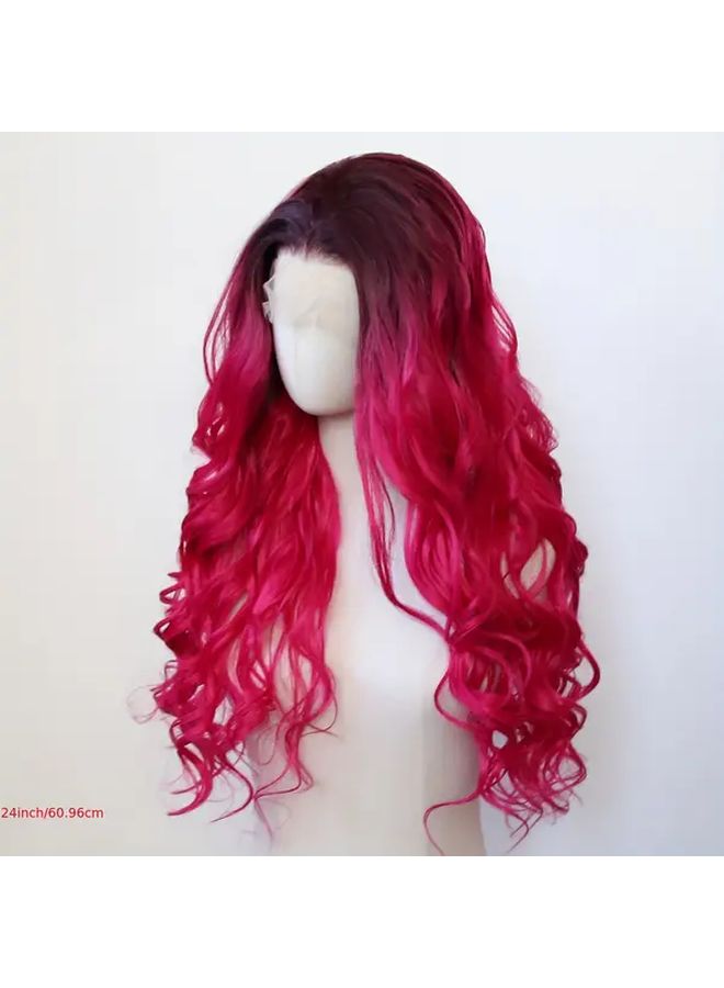 Ombre Hot Pink Wavy Synthetic Lace Front Wig 24 Inch Heat Resistant For Women - Image 4
