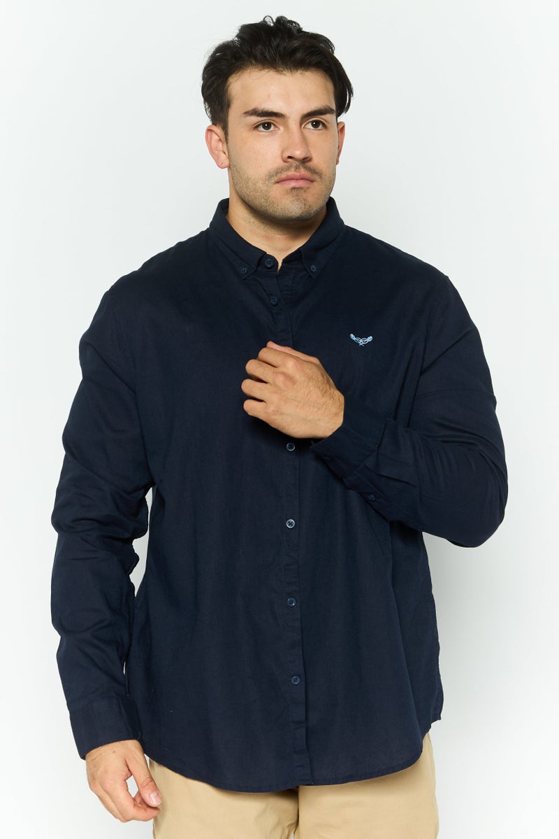 Threadbare Men Regular Fit Long Sleeve Embroidered Logo Casual Shirt, Navy - Image 1