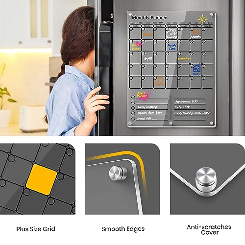 IDEATECH Magnetic Calendar for Refrigerator, Thick Acrylic Fridge Calendar with Strong Magnets, Clear Dry Erase White Board, 2in1 Monthly Weekly Planner, Family Organizer with 5 Color Visible Marker (Black) - Image 2
