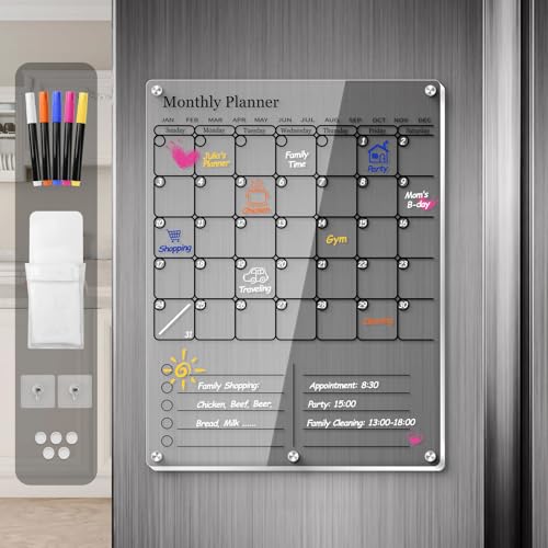 IDEATECH Magnetic Calendar for Refrigerator, Thick Acrylic Fridge Calendar with Strong Magnets, Clear Dry Erase White Board, 2in1 Monthly Weekly Planner, Family Organizer with 5 Color Visible Marker (Black) - Image 1