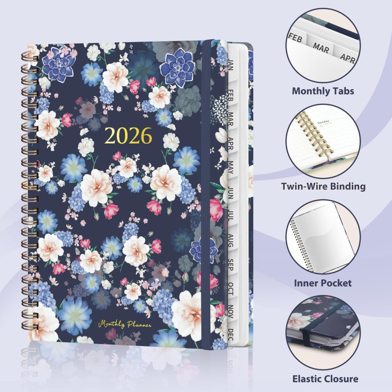 VALOME 2026 Planner, Weekly and Monthly Calendar Planner, Academic Daily Agenda (Jan 2026 - Dec 2026), Hardcover Planning Notebook for Office Accessories and School Supplies, Blue Flower - Image 4