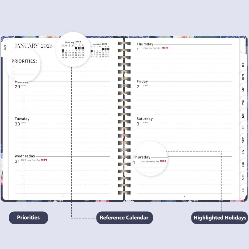VALOME 2026 Planner, Weekly and Monthly Calendar Planner, Academic Daily Agenda (Jan 2026 - Dec 2026), Hardcover Planning Notebook for Office Accessories and School Supplies, Blue Flower - Image 3
