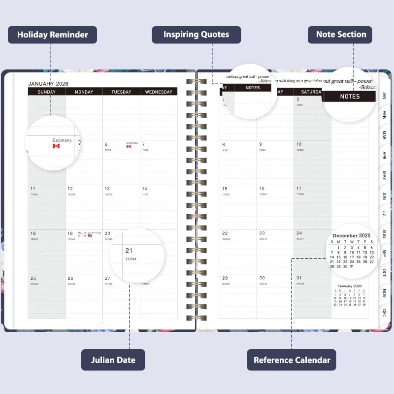 VALOME 2026 Planner, Weekly and Monthly Calendar Planner, Academic Daily Agenda (Jan 2026 - Dec 2026), Hardcover Planning Notebook for Office Accessories and School Supplies, Blue Flower - Image 2