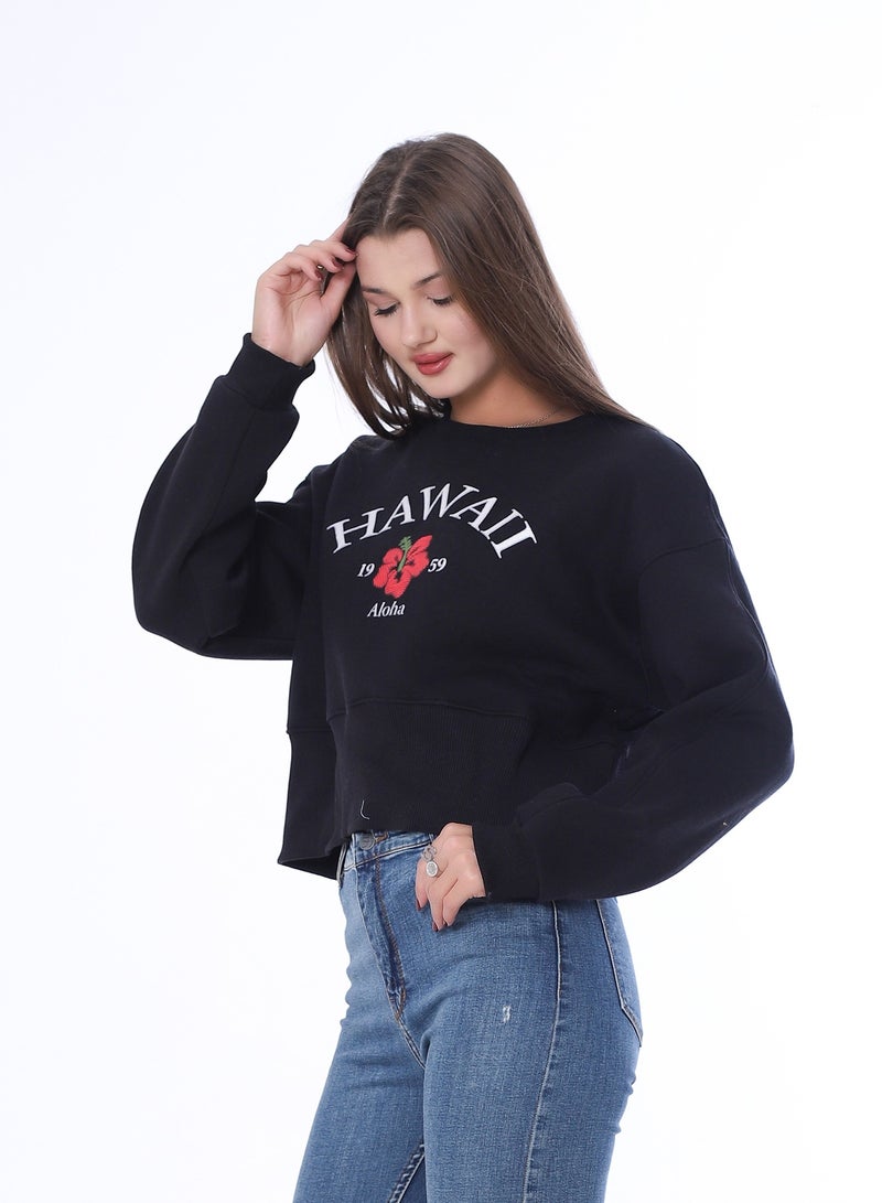 بيبو سويت شيرت نسائي بطبعة، وأكمام طويلة_اسود - Image 2