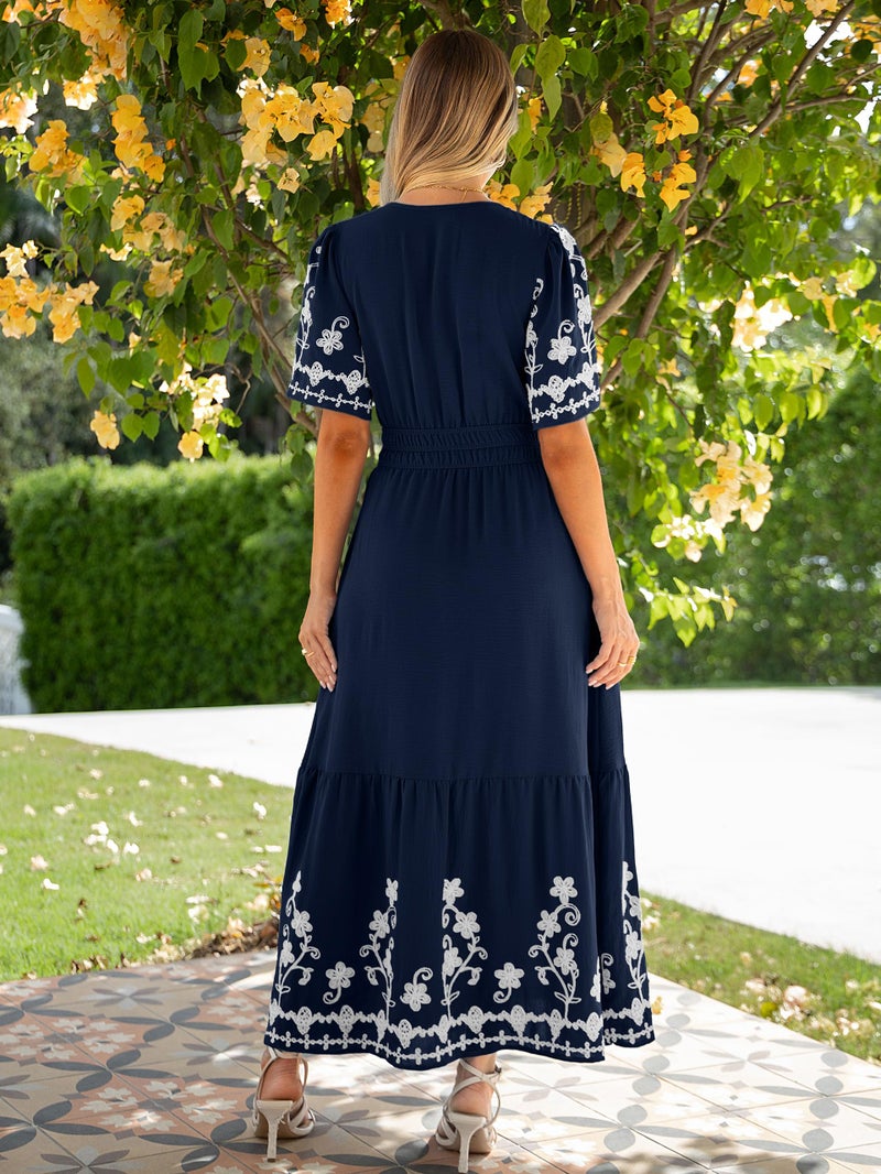 Simplee Women Summer Maxi Dress Formal Short Sleeve Embroidery Floral Boho Wedding Guest Tea Party V Neck Dresses 2026(Medium,Navy Blue) - Image 4