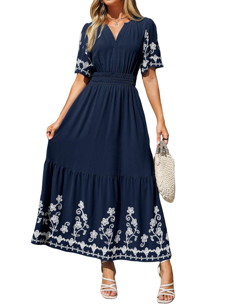 Simplee Women Summer Maxi Dress Formal Short Sleeve Embroidery Floral Boho Wedding Guest Tea Party V Neck Dresses 2026(Medium,Navy Blue) - Image 1