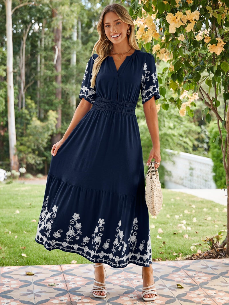 Simplee Women Summer Maxi Dress Formal Short Sleeve Embroidery Floral Boho Wedding Guest Tea Party V Neck Dresses 2026(Medium,Navy Blue) - Image 2