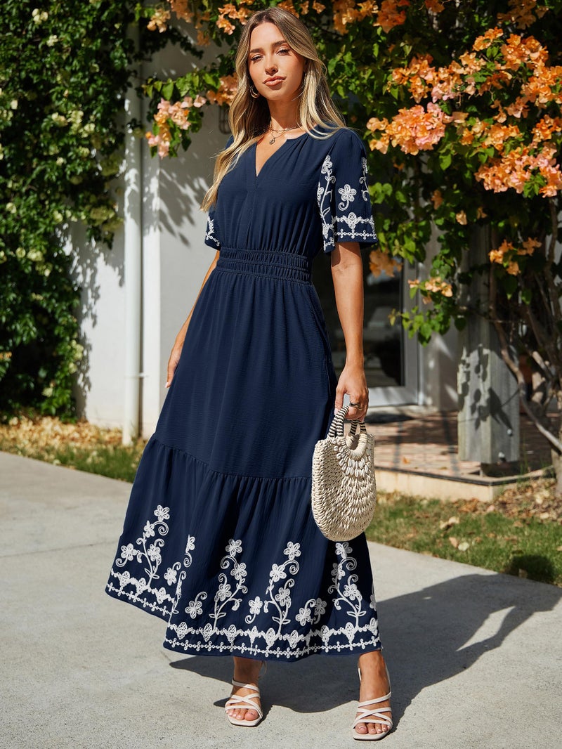 Simplee Women Summer Maxi Dress Formal Short Sleeve Embroidery Floral Boho Wedding Guest Tea Party V Neck Dresses 2026(Medium,Navy Blue) - Image 3