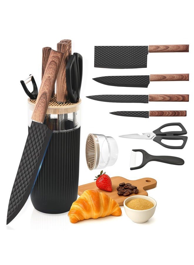 TOPLUCKY Knife Set, 7-Piece Kitchen Knife Set with Sharp Chef and Meat Knives, Anti-Rust Utility Knives Set for Kitchen, Kitchen Knife Block Set – Black - Image 1