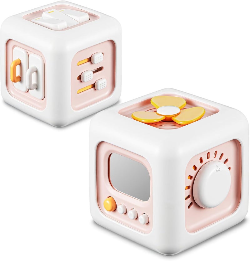 Brand Conquer Montessori Busy Cube for Toddlers 1-3,Car Travel Toys Busy Board Activity Cube,Learning Stocking Stuffers Educational Birthday Gifts Sensory Baby 12-18 Months (Fan Learning 6 in 1 Pink) - Image 1
