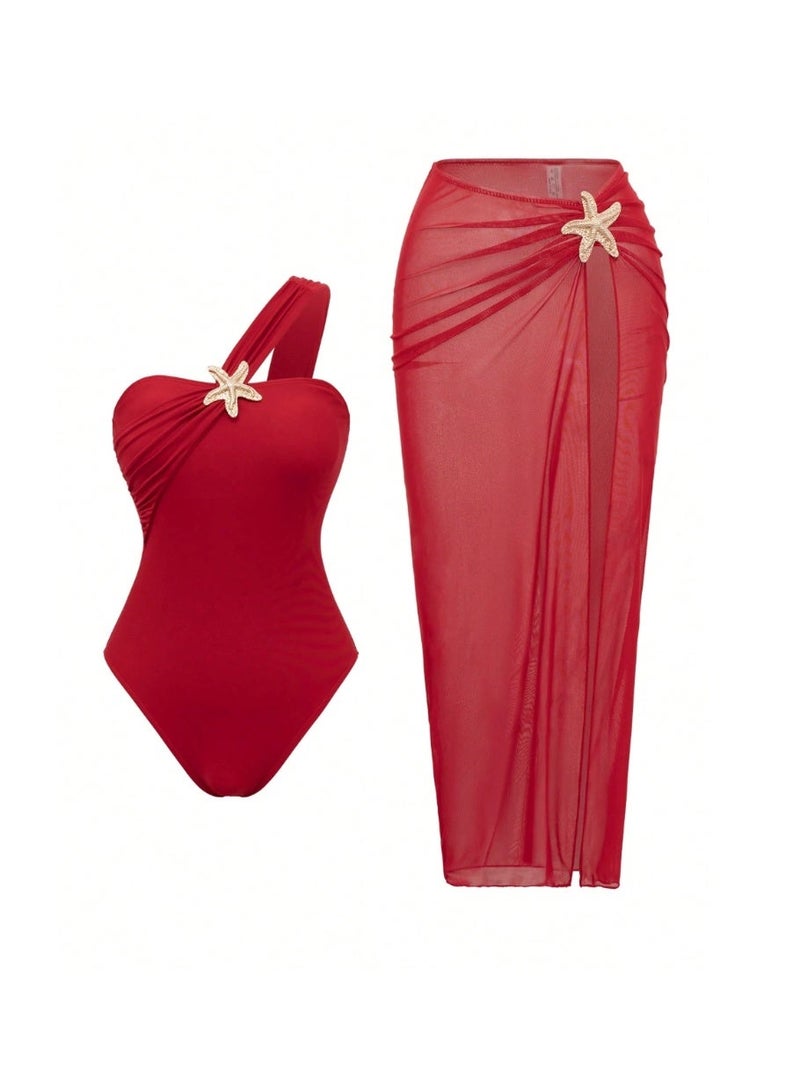 Shein Stylish High-End Beach Holiday Summer   One-Piece Star Decoration Swimwear And Skirt Set - Image 4