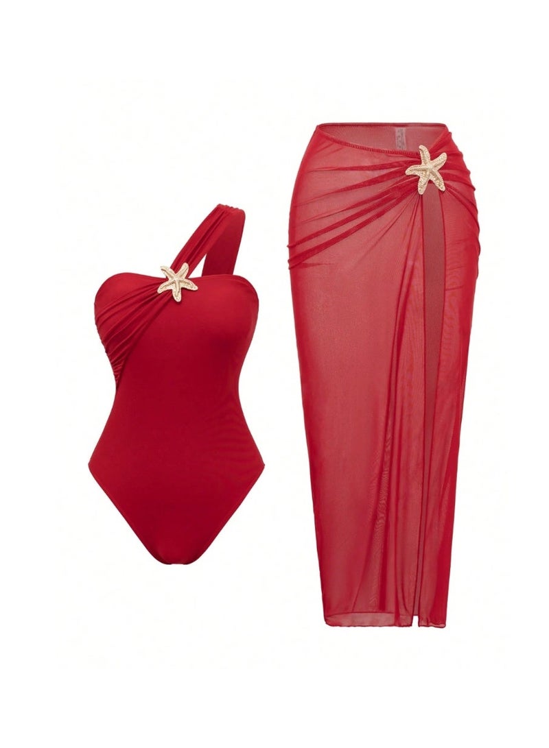 Shein Stylish High-End Beach Holiday Summer   One-Piece Star Decoration Swimwear And Skirt Set - Image 5