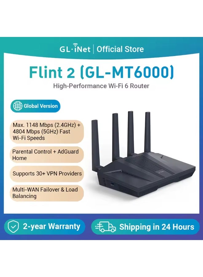 جي أل.آي نت جي ال اي نت GL-MT6000 (فلينت 2) راوتر WiFi 6 بتغطية واسعة، راوتر ألعاب عالي السرعة، منفذين متعدد السرعات 2.5G + 4 منافذ إيثرنت 1G، اتصال جماعي للأجهزة، OpenVPN وWireGuard سريع، 802.11ax - Image 1