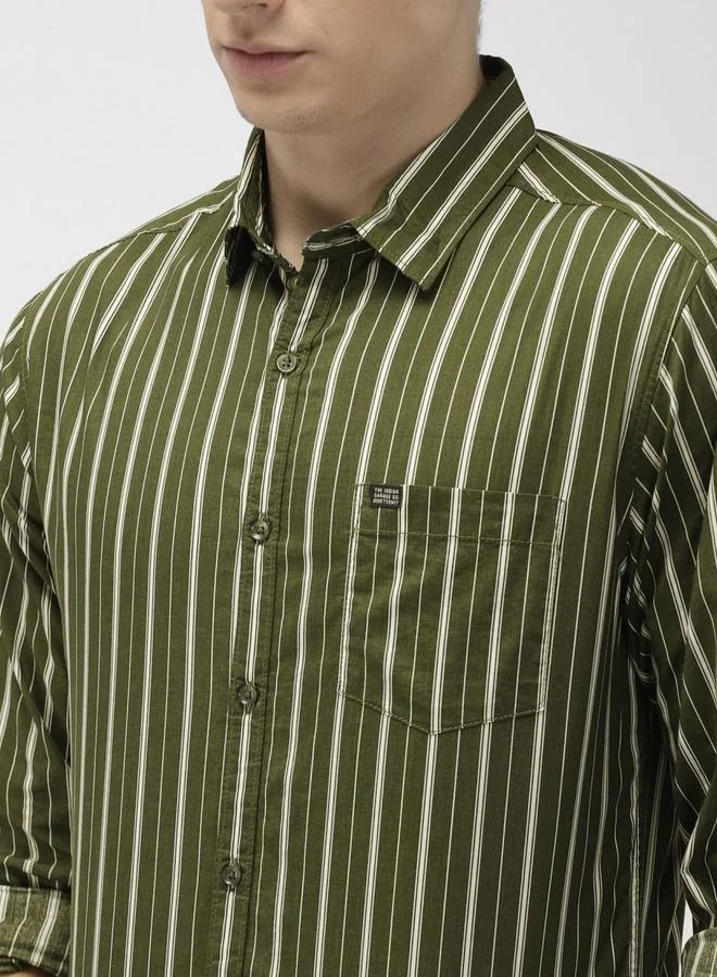 The Indian Garage Co The Indian Garage Co Men Olive Slim Fit Striped Casual Shirt