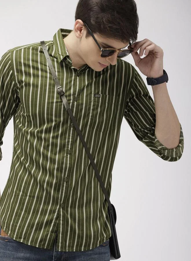 The Indian Garage Co The Indian Garage Co Men Olive Slim Fit Striped Casual Shirt