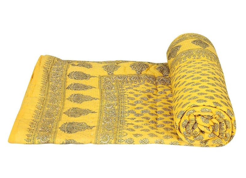 LOARSHY Pure Cotton Floral Quilt | Lightweight and Warm Jaipuri Rajasthani Single Bed Razai | Soft Razai for Winters |Gift Item (Yellow) - Image 3